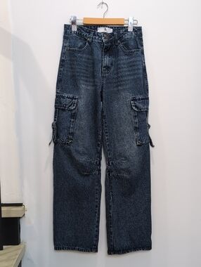 FLYING ANGEL | Women's Dark Wash High-Waist Wide Leg Skater Style Cargo Jeans